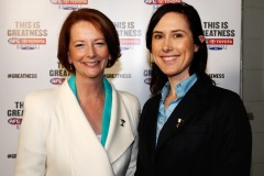 The Prime Minister of Australia, Julia Gillard and AFL Goal Umpire, Chelsea Roffey pose for photographs during the 2012 Toyota Grand Final match between the Hawthorn Hawks and the Sydney Swans at the MCG, Melbourne. (Photo: Tim Terry/AFL Media)