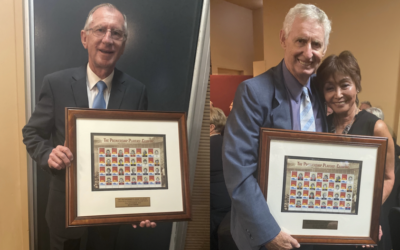 AFL Life Members, Kevin Smith and Murray Williams presented with their own stamps by the AFL Premiership Players Club